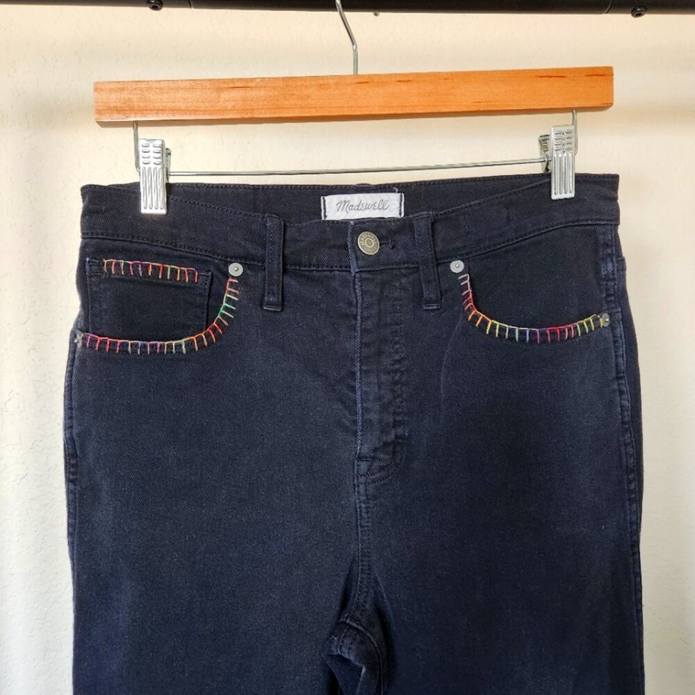 Madewell 10in High-Rise Skinny Black Denim Embroidered Rainbow OOAK Sz 28